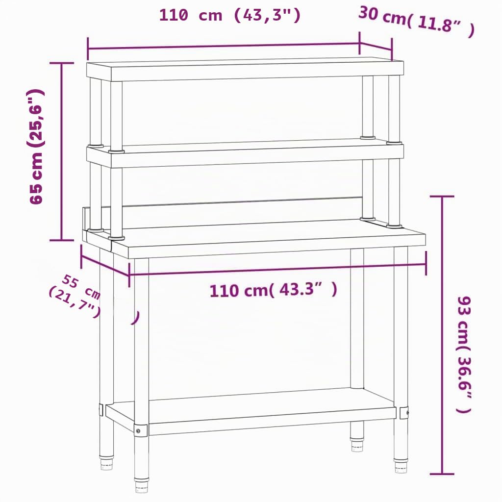 vidaXL Mesa de Trabajo para Cocina con Estante Acero INOX 110x55x150cm