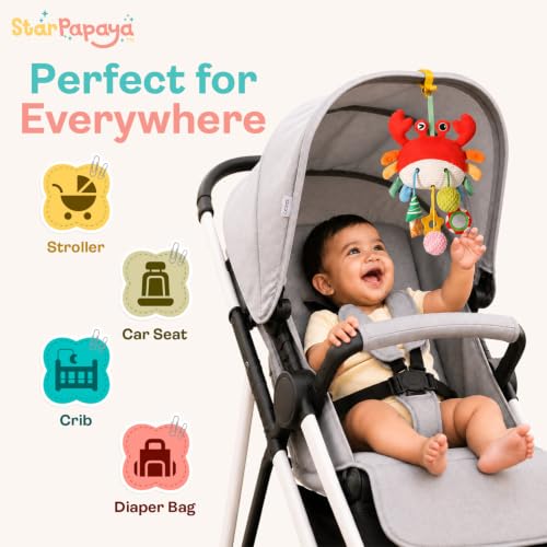 Image of Crab Plush Stroller Toy for Babies 0-12 Months | Colorful Hanging Sensory Rattle Toy with C-Clip for Crib | Washable Interactive Tummy Time Soft Toy | Pram & Car Seat Toy for Toddlers
