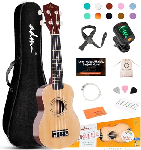 Image of ADM Ukulele for Beginners Hawaiian Wood Ukelele Kit for Kids Adult Student Starter Professional Ukalelee Pack Bundle with Free Lessons Gig Bag Strap Nylon String Tuner (Natural, 21 Inch)