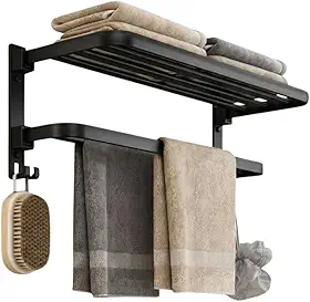 Toalheiro Duplo com Prateleira de Aço para Banheiro Porta Toalha de Parede | Suporte para Toalhas de Luxo Moderno, Resistente à Umidade | Instalação Parafusada ou Adesiva | Preto/Cinza Escuro
