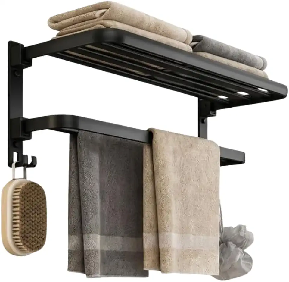 Toalheiro Duplo com Prateleira de Aço para Banheiro Porta Toalha de Parede | Suporte para Toalhas de Luxo Moderno, Resistente à Umidade | Instalação Parafusada ou Adesiva | Preto/Cinza Escuro