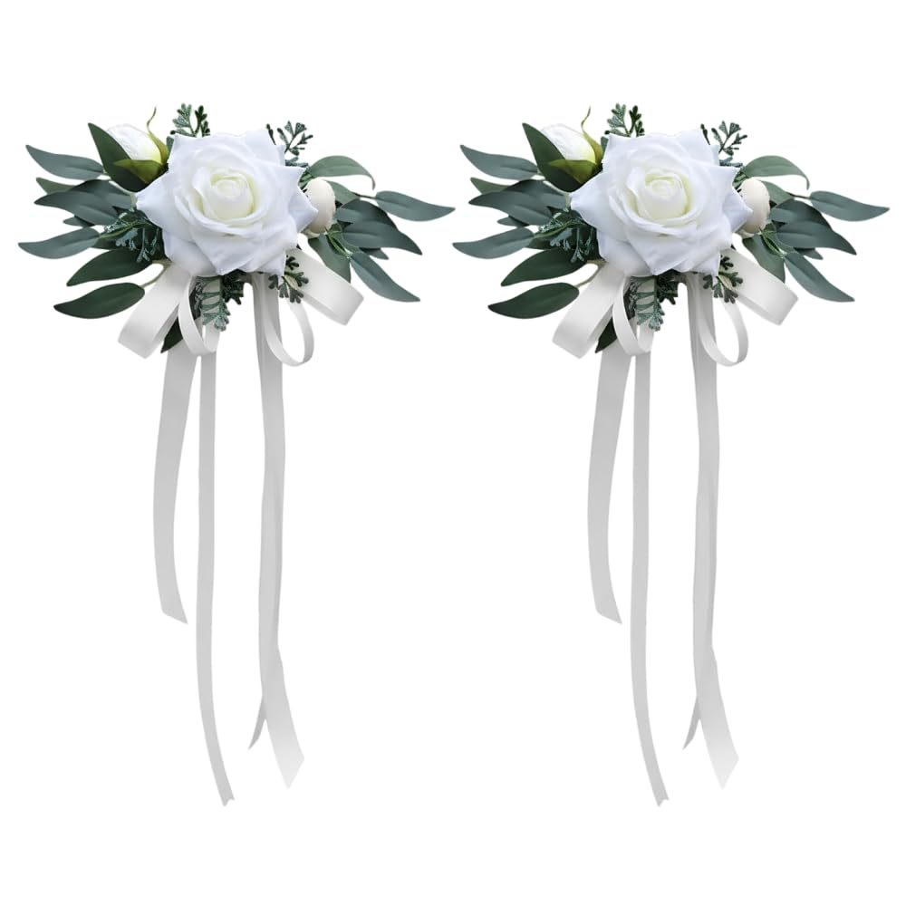 DONGKER Wedding Car Ribbon Decorations, 2pcs Artificial Flowers With Bowknot Ribbons & Suction Cups for Wedding Vehicles, Romantic Car Accessories Bridal Party