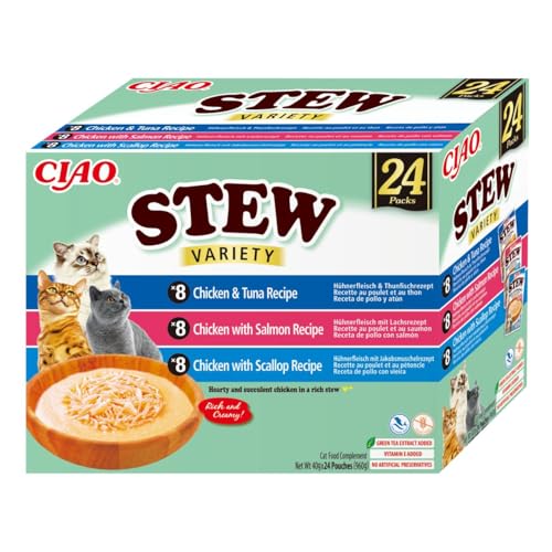 INABA Ciao Stew Gatos - Receta Saludable de Estofado Cremoso con Pollo, Atún, Salmón y Vieira - Comida Húmeda con Tiras de Pollo - Alimento Natural sin Cereales - 960g (24 Sobres x 40g)