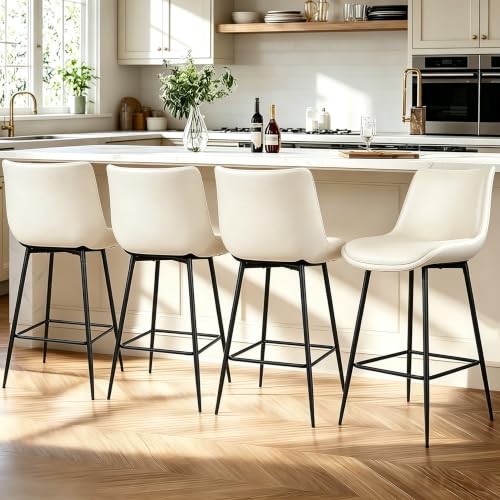 Image of Counter Height Bar Stools Set of 4, FSC Certified Upholstered Faux Leather Barstools with Back, Metal Base, 27 inch Seat Height, Modern Upholstered Counter Stools for Kitchen Island,(Beige