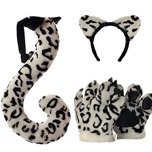 TINTON LIFE 4 Pack Fluffy Snow Leopard Cosplay Costume Set Soft Plush Animals Ears Headband Tail Paws for Adult Kid
