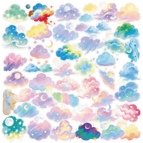 56Pcs Transparent Watercolor Cloud Stickers, Waterproof PET Sky Star Decals