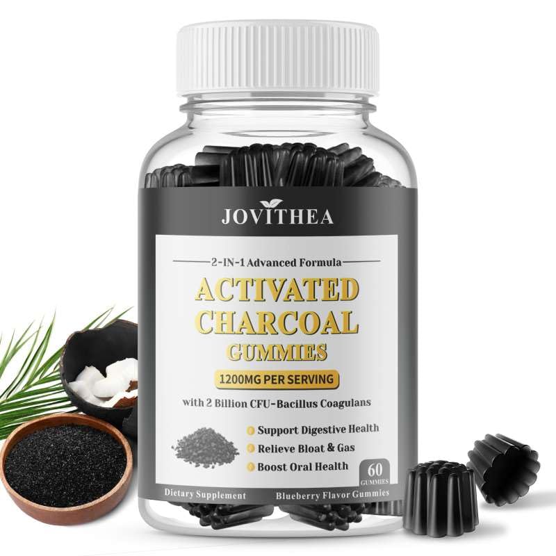 Activated Charcoal Gummies 1200mg with Organic Coconut Shell Charcoal & 2 Billion Probiotics Natural Gas & Bloating Relief Digestive Support Non-GMO Vegan Gluten Free Blueberry Flavor 60Ct
