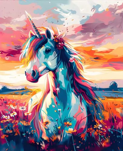 数字油絵 動物 数字キットによる絵画 ユニコーン Paint by Numbers DIYペイント 大人の 初心者 子供用 簡単に塗れる アクリル水彩絵の具 手芸 画材 手工芸 キット 3つのペイントブラシと1つのセットのアクリル顔料を使用 ホーム オフィ