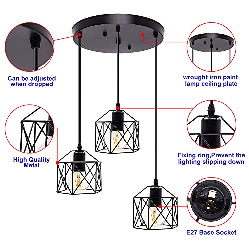 Jose2015 Industrial 3-Light Pendant Light Retro E26 Pendant Lighting Adjustable Metal Caged Ceiling Hanging Light Fixture For Dining Room Kitchen Island thumb #2