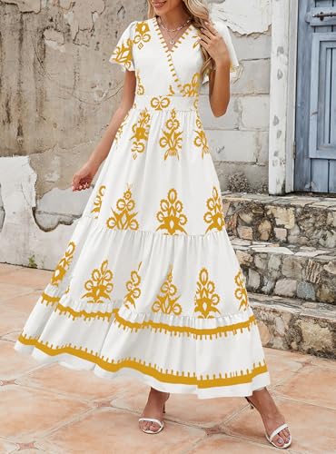 Image of PRETTYGARDEN Womens 2026 Summer Casual V Neck Boho Maxi Dress Flowy Aline Bell Sleeve Tiered Floral Dresses with Pocket
