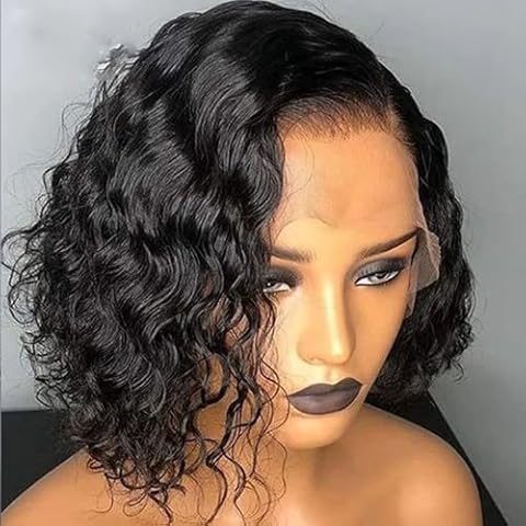 oulaer Short Bob Wigs Side Part 13x4 Deep Wave Bob Wig Human Hair 150% Density Deep Curly Brazilian Virgin Human Hair Pre Plucked Wet and Wavy Glueless Transparent Lace Frontal Wig 12Inch Cover