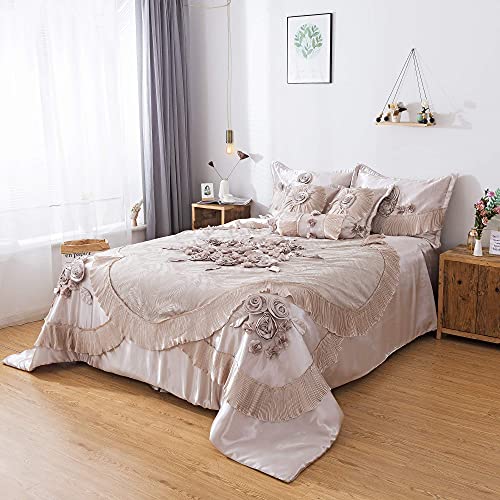 Tache Satin Silky Lustrous Floral Lace Ruffle Sweet Victorian Royal Glam Champagne Beige Down Alternative 6Pc Comforter Set - King #TOP1