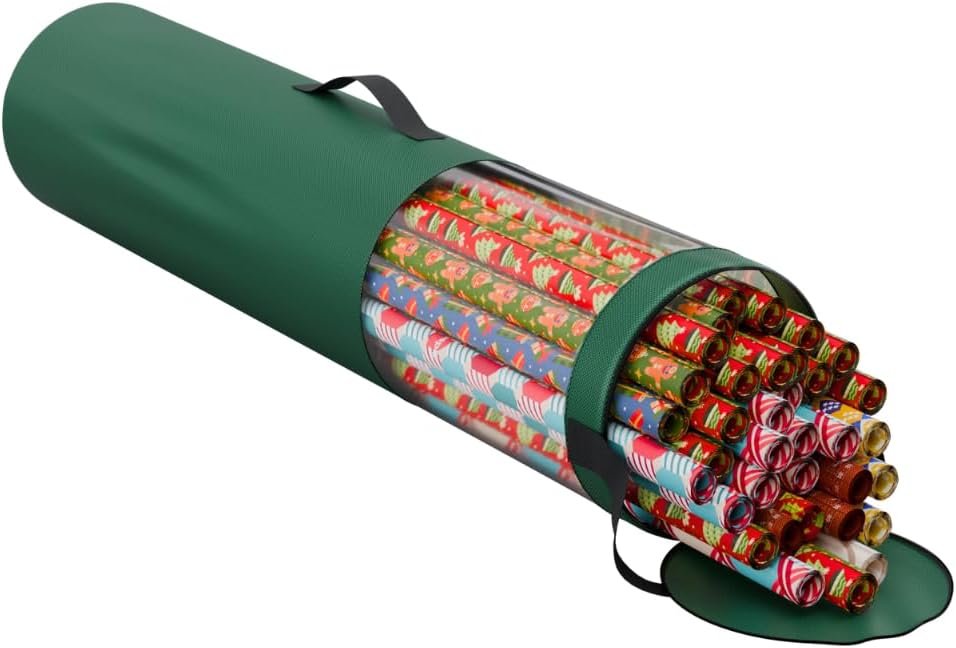 ProPik Gift Wrapping Paper Storage Organizer Bag, Store Up To 24 Rolls 40 Inch, Heavy Duty Polyester plus PVC Clear Bag with Handles and Zippered Top for Gift Wrap and Ribbons (Green)
