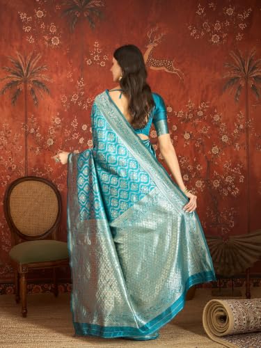 Image of Elegant Banarasi Silk Blend Saree with Gold Zari Woven Floral Border