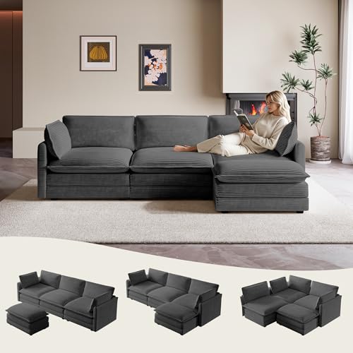 ROWHY 104'' Modular Sectional Cloud Couch with Movable Ottoman, 4 Seat Modern Corduroy Sofa, Deep Seat L Shaped Couch for Living Room Bedroom Apartment, Dark Grey