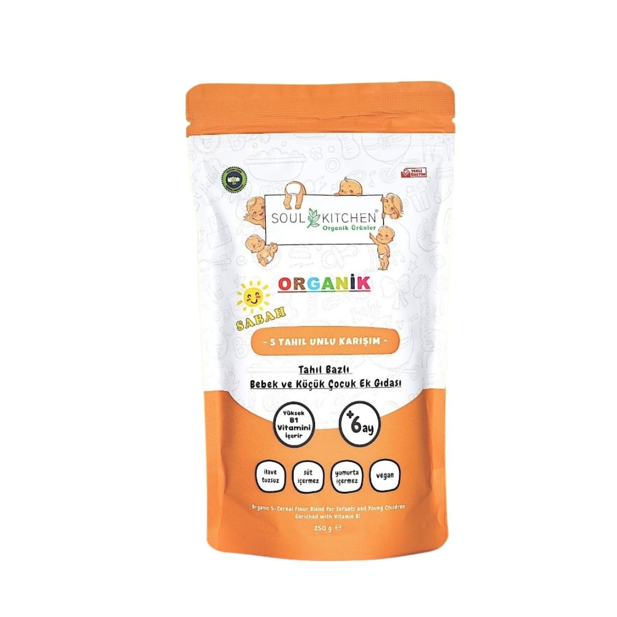 Soul Kitchen Organik Bebek Sabah Maması Tahıl Bazlı B1 Vitaminli Ek Gıda 5 Tahıl Unlu Karışım 250gr