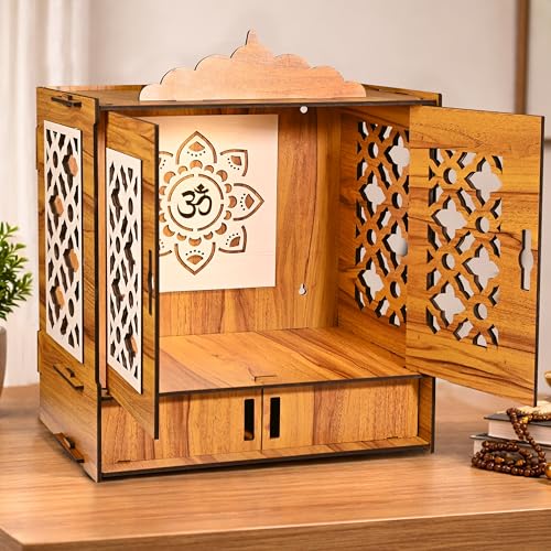 Image of Rousrie Wooden Temple Mandir for Home with Door Cabinets | Beautiful Pooja Unit with Storage Space | with LED Light and Wall Mounts | Pooja Mandir for Home Big Size (H-22, L-16.5, B-10.6 inch)