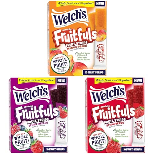 Welch’s Absolute Fruitfuls Fruit Strips, Tasty Dried Fruit Snacks for School Lunches, Mango Peach, Berry Medley & Strawberry, 0.5oz (Pack of 30)
