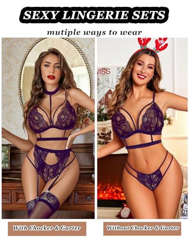 Image of Avidlove Lace Garter Lingerie Set with Removable Choker Teddy Babydoll Strappy Bra and Panty Set (No Stockings)