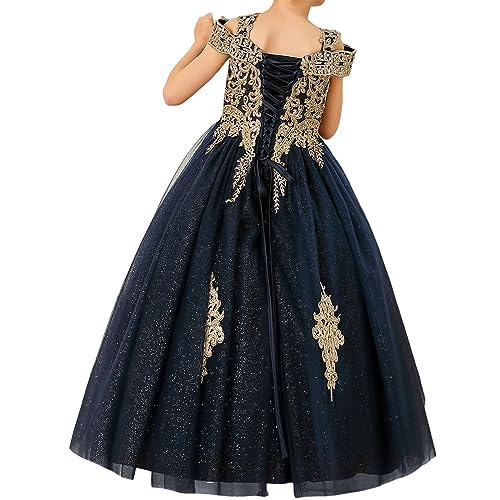 Formal Girls Tulle Long Pageant Dresses Prom Ball Gown Gold Lace Beaded4