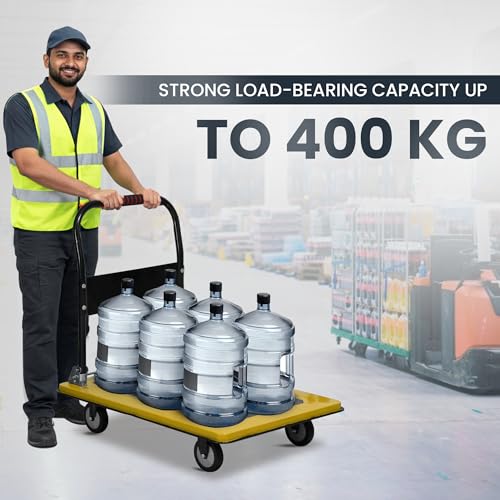 Image of Robustt 400 Kg Heavy-Duty Metal Foldable Platform Trolley (Yellow) | Hand Truck with 360 Rotating Wheels & Cushioned Grip | Material Handling Cart for Home, Office, Warehouse & Industrial Use