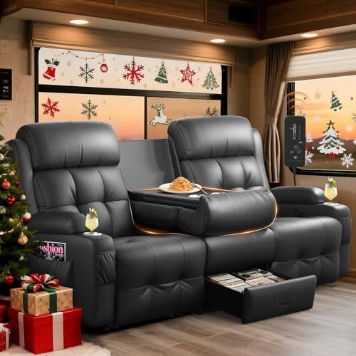 Tiooii RV Loveseat Recliner Sofa, 3-Seater Massage Wall Hugger Recliners Couch with Flip Middle Backrest, Drawers & Cup Holder,150° Adjustable Reclining Sleeper for RV & Living Room & Home Theater