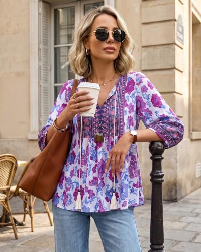 Image of Vivilli Womens Summer Boho Babydoll Tops 3 /4 Sleeve Pleated Peplum Blouses Casual V Neck Tie Front 2026 Tunic Tops