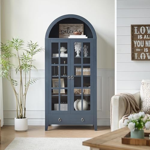 Comparison: Best Blue For Kitchen Cabinets 7 RowyPoey Farmhouse Arched Cabinet with Glass Doors, Wood Display Cabinet with Drawer and Adjustable Shelves, 71” Tall Bookshelf Modern China Storage Kitchen Pantry for Living Room,Office (Navy Blue)