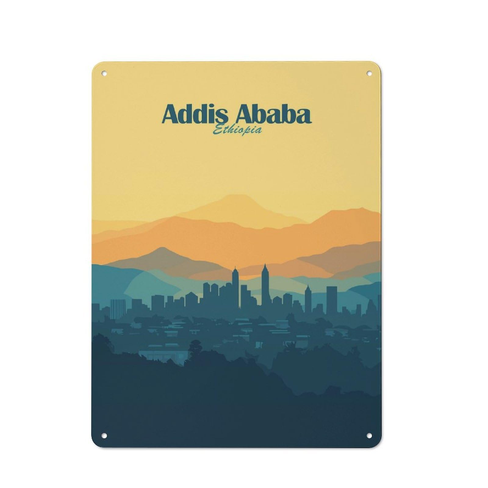 Junmoney Style-16 Addis Ababa Skyline Cottage Style Metal Wall Decor 40X30cm, Tin Wall Plaque For Kitchen, Cottage, Porch Or Garden Room