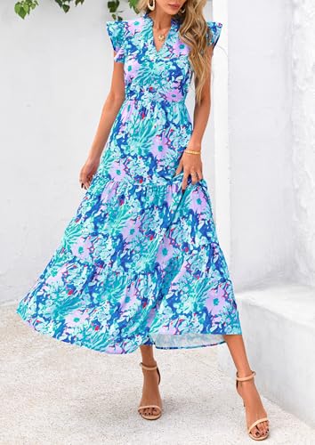 Image of PRETTYGARDEN Women's 2026 Summer Floral Midi Dress Cap Sleeve V Neck Ruffle Long Flowy Boho Casual Beach Vacation Dresses