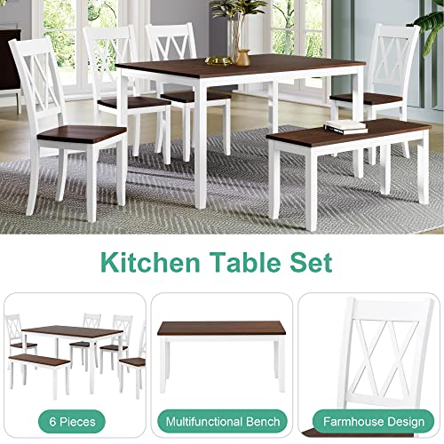 Harper & Bright Designs 6-Piece Dining Set with Bench, Farmhouse Rustic Kitchen Table Set with Wood Table, Bench and 4 Cross Back Dining Chairs, White+Cherry Harper & Bright Designs 6-Piece Dining Set with Bench, Farmhouse Rustic Kitchen Table Set with Wood Table, Bench and 4 Cross Back Dining Chairs, White+Cherry