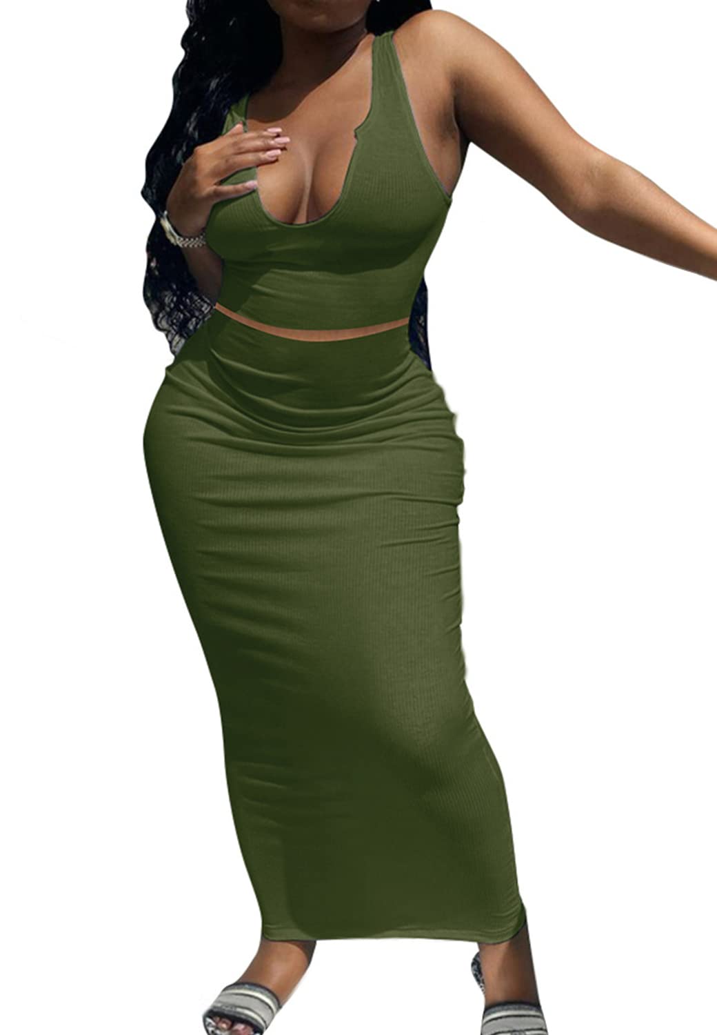 2 Piece Outfit Maxi Dress for Women, Summer Deep U Neck Sleeveless Tank Crop Tops Long Skirt Set Party Bodycon Dresses