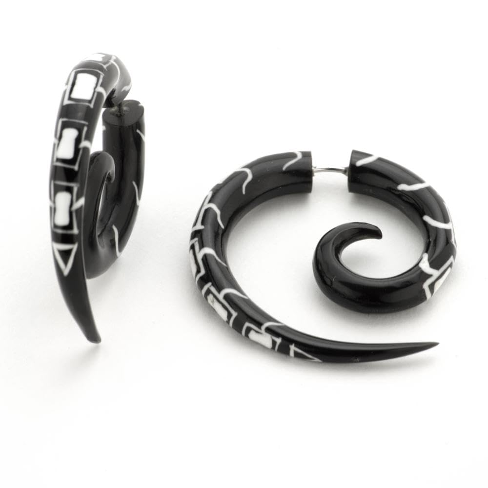 81stgeneration Pendientes de Calibre Falso en Espiral de Cuerno Negro | Expansores Falsos Tribales para Mujer | Dilatadores Falsos Bohemios | Joyería Gótica Surfera Hecha a Mano