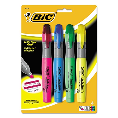 BIC BLMGP41ASST Brite Liner Grip Highlighter, Chisel Tip, Assorted Colors, 4/Set
