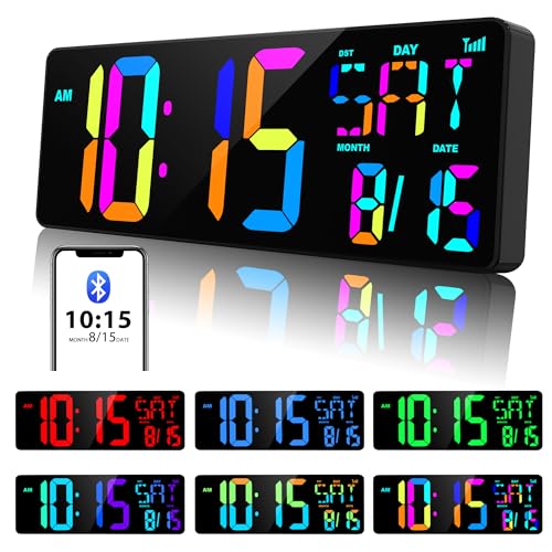 XREXS Large Digital Wall Clock Bluetooth Sync, 17.2 RGB Color Changing Digital Clock with Remote Control, Adjustable Brightness Grandfather Clock, Temperature Clock for Home, Gym and Classroom