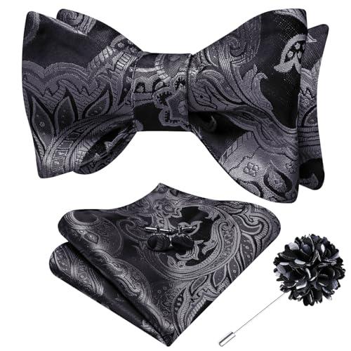 Image of Dubulle Self Tie Bow Ties and Lapel Pin for Men Paisley Solid Mens Bowtie and Handkerchief Cufflinks Set Wedding