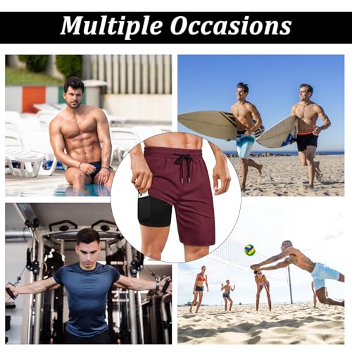 Image of Mens Swim Trunks with Compression Liner 2 in 1 Quick Dry Swimming Shorts Swimwear Bathing Suits with Pockets