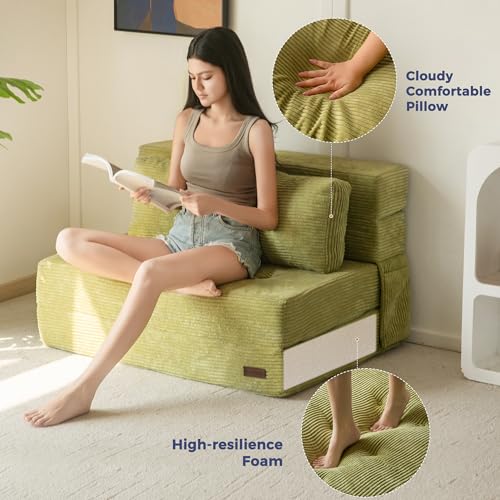 Image of MAXYOYO Convertible Sofa Bed, Fold Out Sofa Couch with Pillow, 4 in 1 Tufted Folding Couch Bed Foam Floor Couch, Lazy Chair for Living Room Bedroom Guest Room, Green