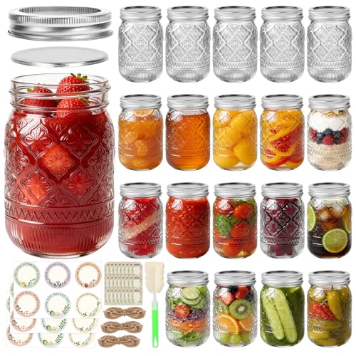 STARSIDE 12oz Glass Embossed Mason Jars 20-Pack with Airtight Split Lids