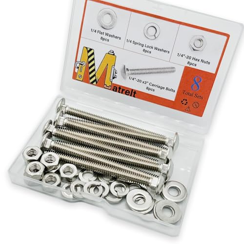 Image of 8 Sets 1 /4 inch-20 x3 Carriage Bolts Round Head Square Neck Screws with Hex Nuts Flat Washers Spring Lock Washers 304 Stainless Steel Full Thread Coverage Square Neck Bolts Assortment Kit