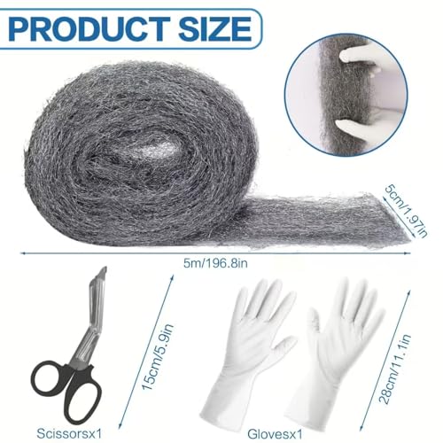 Cynrikah Mäuse Stahlwolle, 6 Rollen Stahl-wolle Gegen Mäuse 20m Gegen Ratten mit Schere Handschuhe Maus Rattensichere Löcher Stopfen Wand für Haus/Garage/Garten