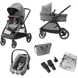 Carro Bebé Completo Maxi-Cosi Zelia S Trio Cochecito Bebé 3 Piezas, 0 - 4 Años, hasta 22 kg, Plegable, Compacto y Reclinable Silla de Paseo, con CabrioFix S i-Size Silla Coche Bebé, Accesorios, Bolso Cambiador, Gris