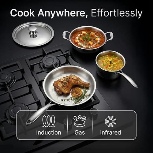 Image of AGARO Regency Triply Cookware Set of 3, 24 cm Kadai (2.7L), 24 cm Fry Pan (2.2L) & 16 cm Saucepan (1.5L), Induction & Gas Compatible, Even Heating, Non-Toxic, Dishwasher Safe cookware for Kitchen