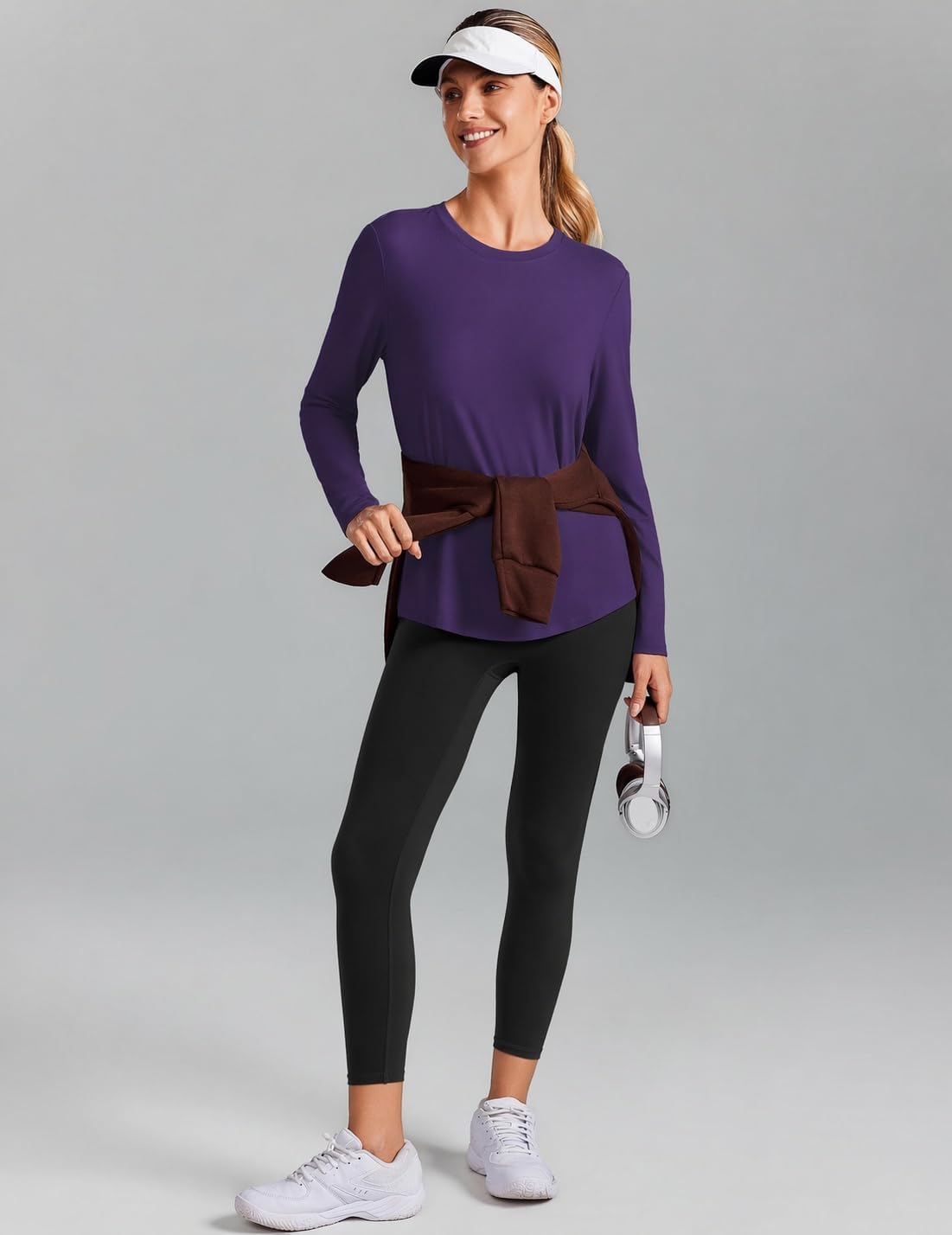 PINSPARK Workout Tops for Women UPF 50+ Long Sleeve Athletic Shirts Soft Quick Dry Crewneck Tops for Gym Exercise Hiking