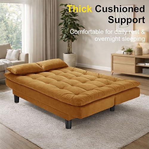 Image of Modern 3 Seater Sofa Cum Bed with Cushions, Foldable Convertible Couch, Velvet Fabric Sleeper Sofa for Living Room, Guest Room, Golden
