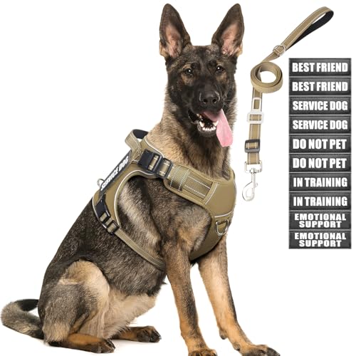 MOOGROU Tactical Dog Harness and Leash Set for Large Dogs,Heavy Duty No Pull Service Dog Vest and 10 Patches with Dog Seat Belt,Reflective Adjustable Pet Harness for Training Walking Hiking Brown L