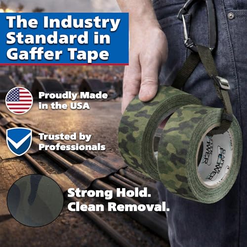 Image of Gaffer Power Muted Army Green Camo Gaffer Tape - Professional Grade, Made in USA, Non-Reflective Matte Cloth Tape, Heavy Duty, Easy Tear, Residue-Free - 2 Inch x 25 Yards