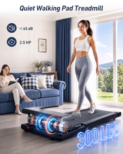 Image of DeerRun Under Desk Walking Pad Treadmill for Home Office & Small Spaces, 6% Manual Incline, 0.6-3.8 MPH Walking Speed, 2.5 HP, 300 lb Capacity, App & Remote Control