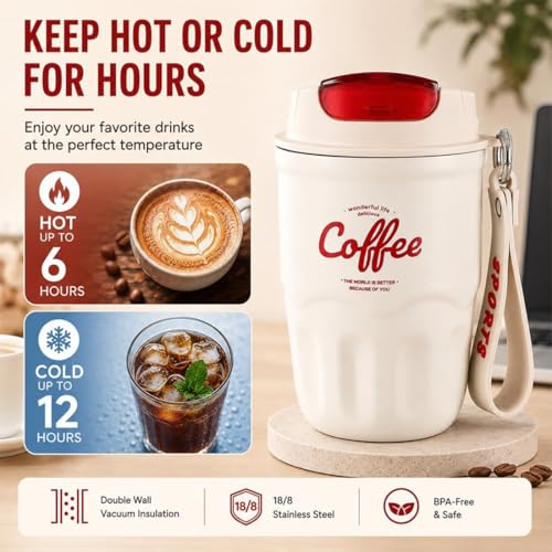 Image of Coffee Vacuum Flask, 12oz Durable Insulated Tumbler Built-in LED Temperature Display, 316 Stainless Steel Travel Coffee Mug for Home, Office, And Outdoor Use (Smart temperature display-White)