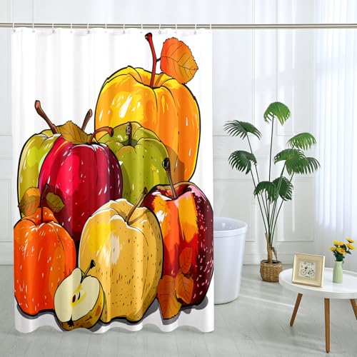 Obst-Duschvorhang, lebendige mehrfarbige Äpfel, Duschvorhang für Badezimmer-Dekor, Herbst, saisonal, modern, künstlerisch, wasserdicht, Stoff-Duschvorhang-Set mit Haken, 183 x 183 cm
